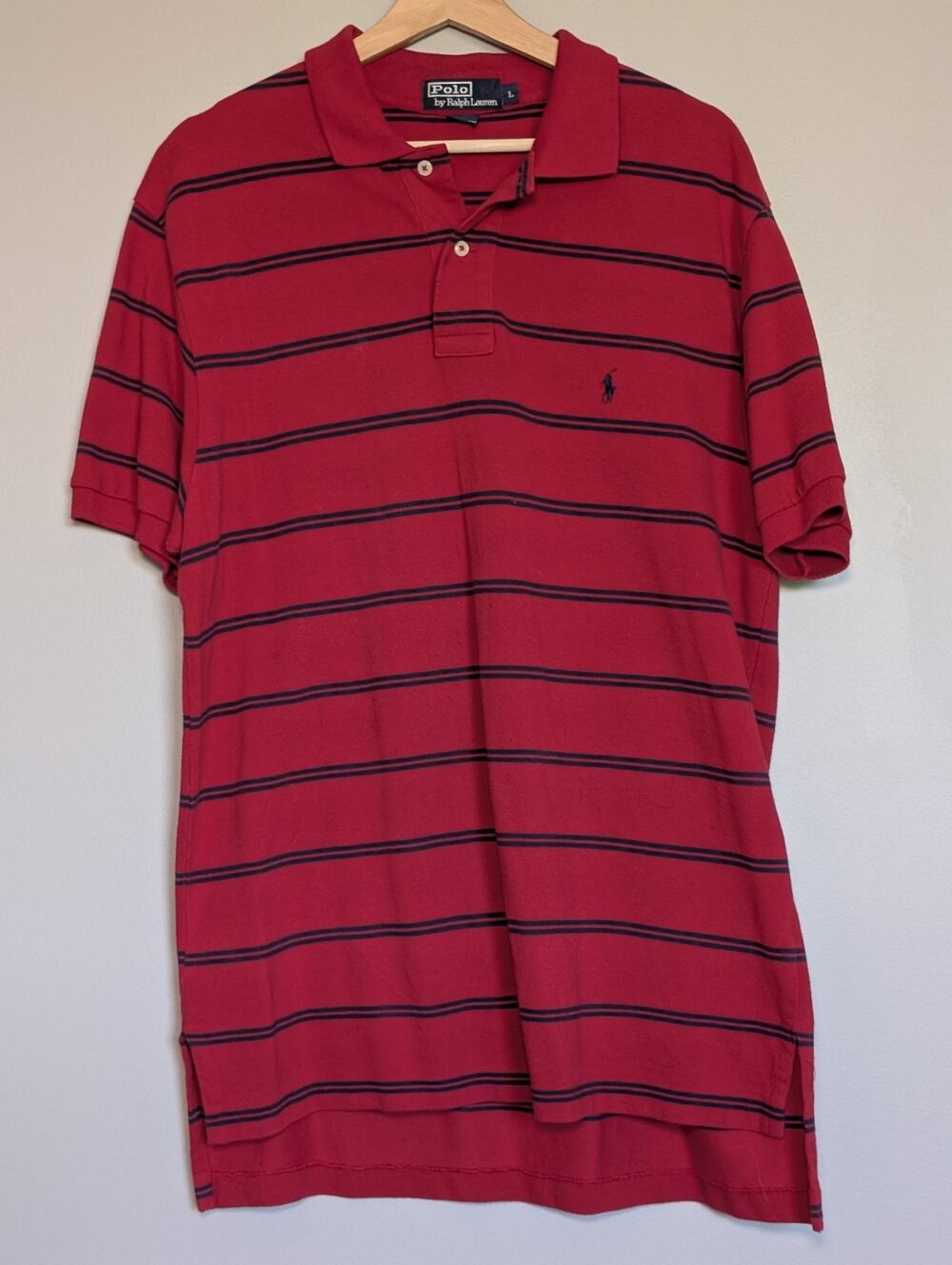 Polo Ralph Lauren Shirt Mens Large Red Navy Blue Striped Short Sleeve Pony Logo